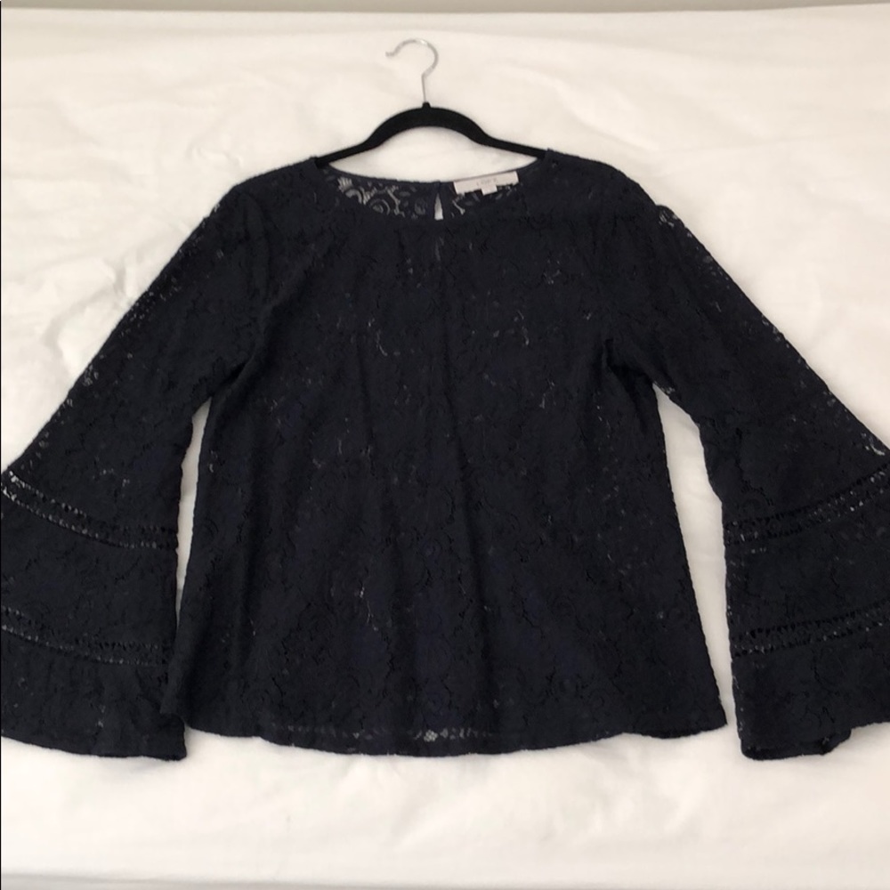 Loft navy blue bell sleeve lace blouse